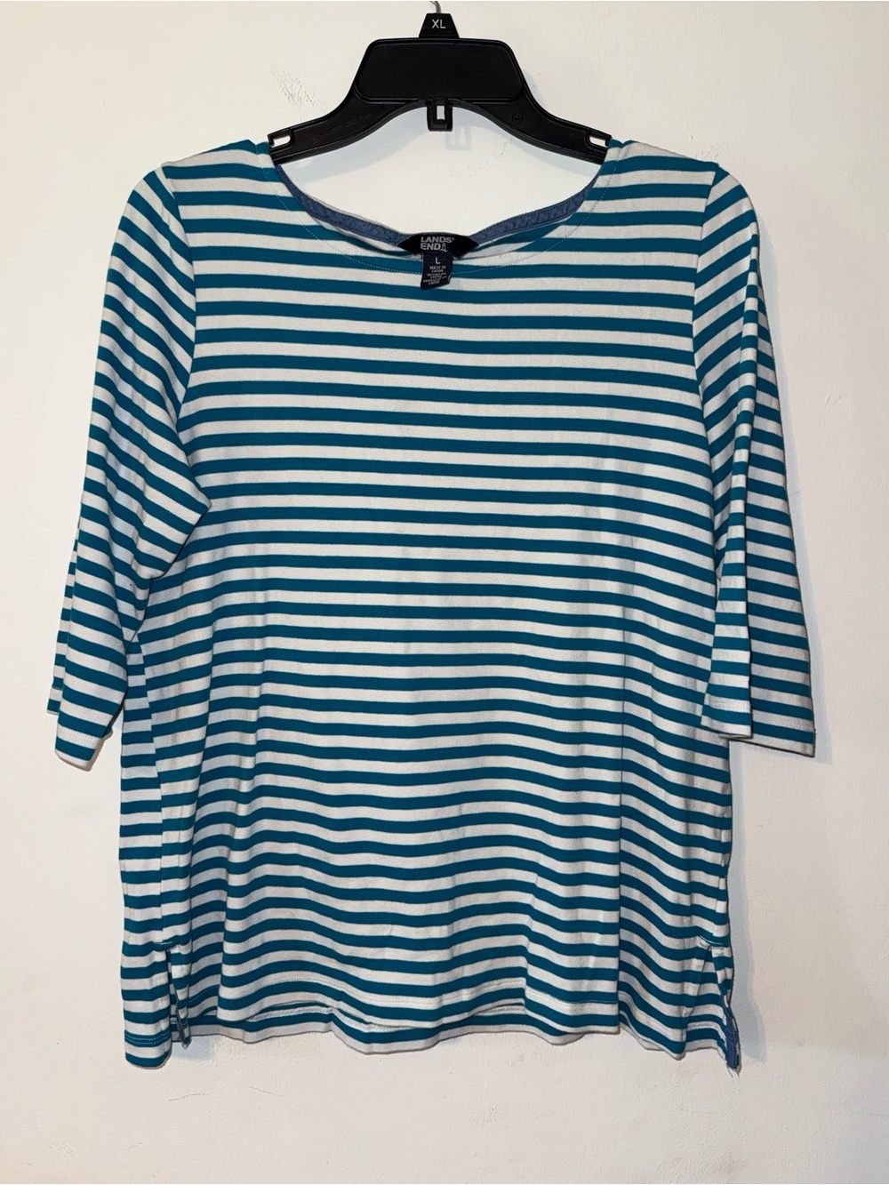 Lands' End Teal and White Striped Long Sleeve Tee | Size L